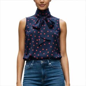Tommy Hilfiger Navy Red Polka Dot Tie Neck Sleeveless Blouse XS Scarf NWT $69